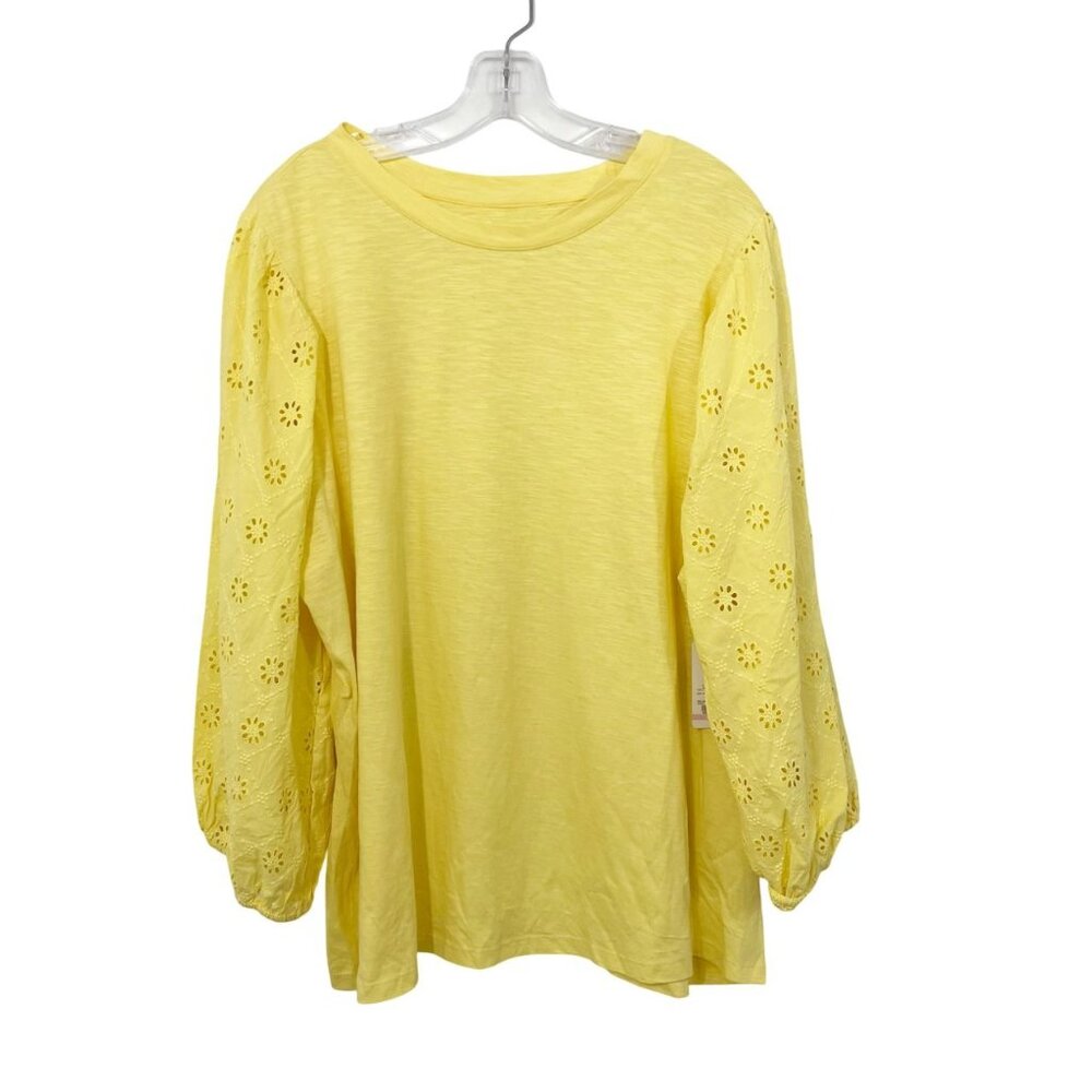 NEW St.‎ John's Bay Yellow Eyelet Puff Sleeve Top Crewneck - Size 2X
